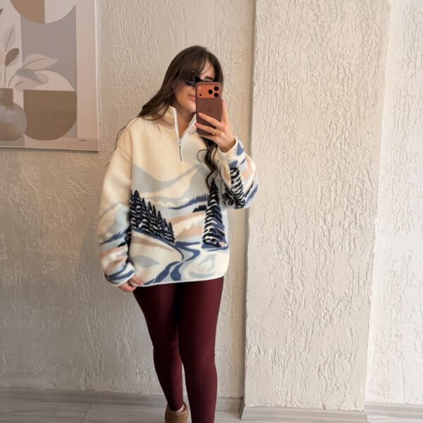 Krem Ağaç Desenli Polar Sweatshirt