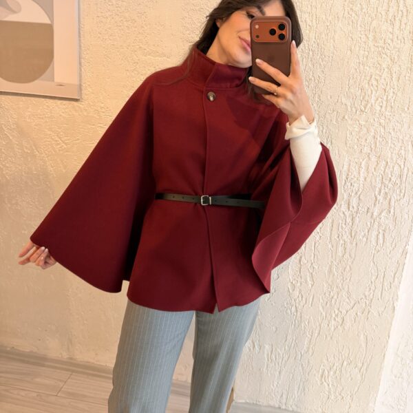 Bordo Renk Kaşe Panço Kemerli