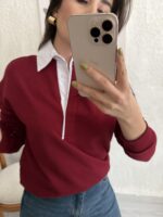 Bordo Polo Yaka Sweatshirt - Görsel 4