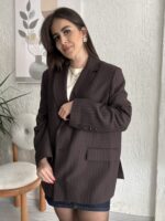 Kahverengi Mavi Çizgili Oversize Blazer - Görsel 5