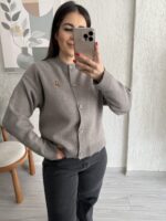 Gri Ayıcıklı Düğmeli Triko Hırka