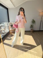 Radiant Pembe - Beyaz Biyeli Basic Tshirt