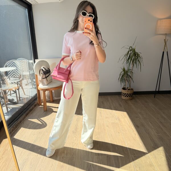 Radiant Pembe - Beyaz Biyeli Basic Tshirt