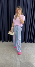 Brume Pembe Çizgili Tensel Pamuk Pantolon